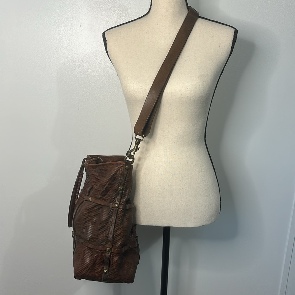 Campomaggi Large Studded Leather Purse Tote Bag Perforated Brown Cognac - Picture 5 of 14